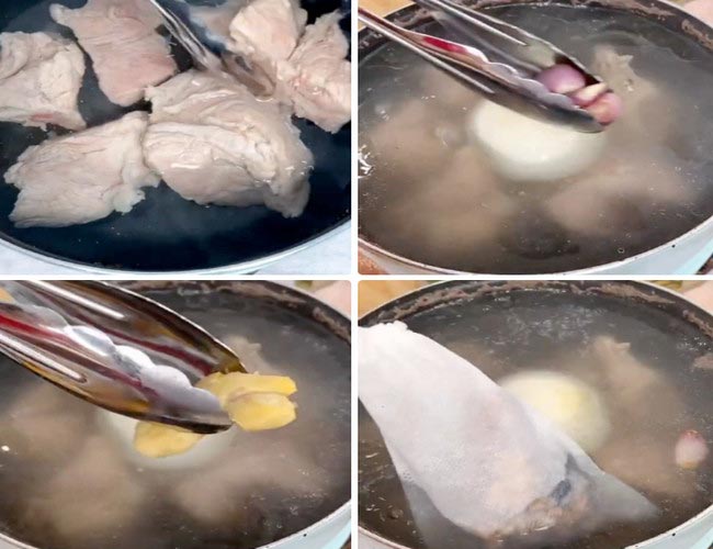 Luộc thịt bò trong quá trình nấu nước dùng phở 